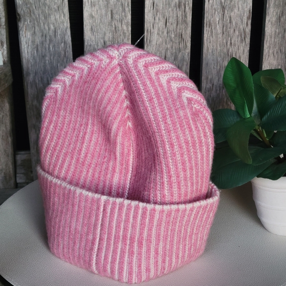 Madewell Pink & White Ribbed Beanie 100% MERINO WOOL - Picture 4 of 6